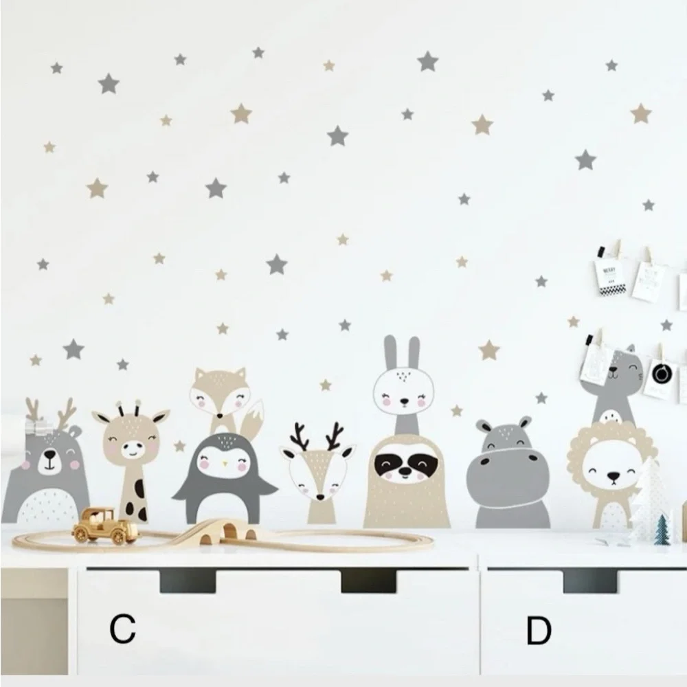 SET/4 WALL DECALS Neutral Animal Friends Removable Wall Sticker For Baby & Kids